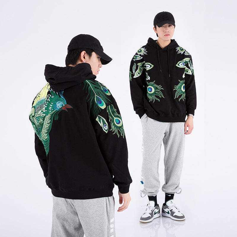 Men's Peacock Embroidered Hooded Sweater Jacket