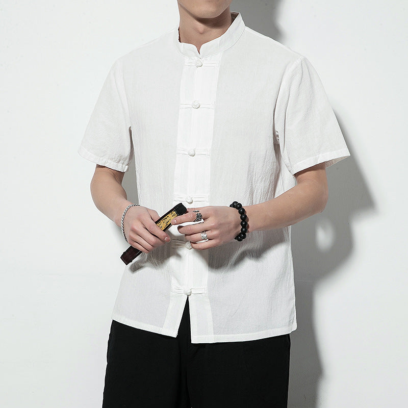 Summer Chinoiserie Stand Collar Button-up Shirt Men's