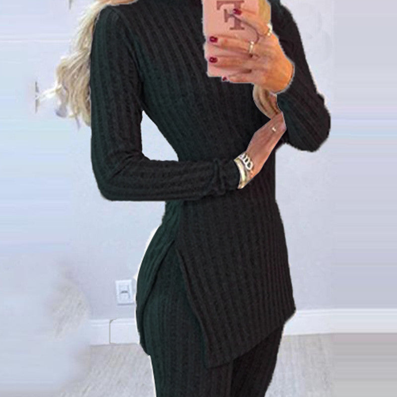 Knitted Suit Slit Mid-length Top And Leggings