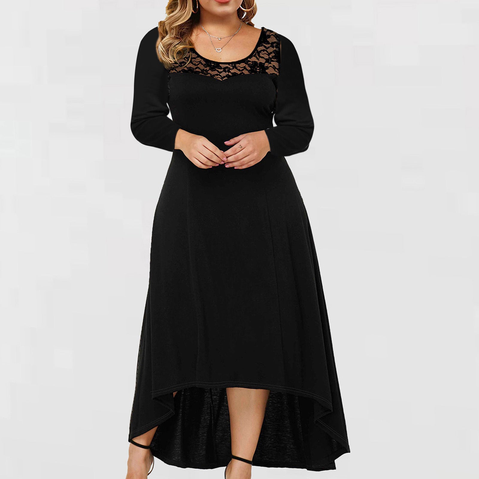 Round Neck Lace Stitching Irregular Hem Long Sleeve Dress