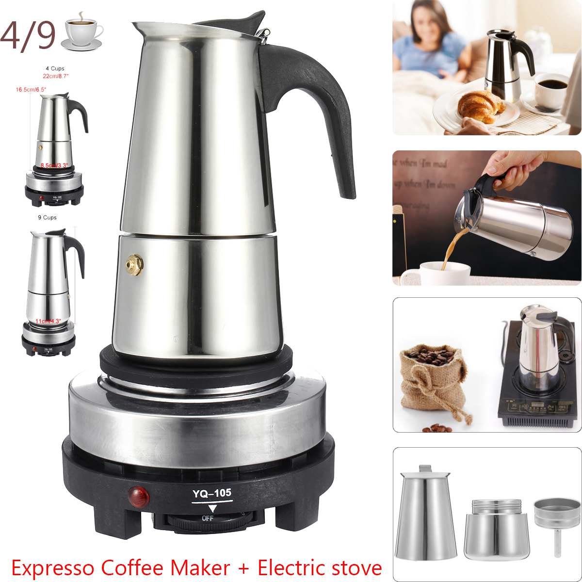 Stainless Steel Moka Pot Coffee Pot With Small Electric Stove