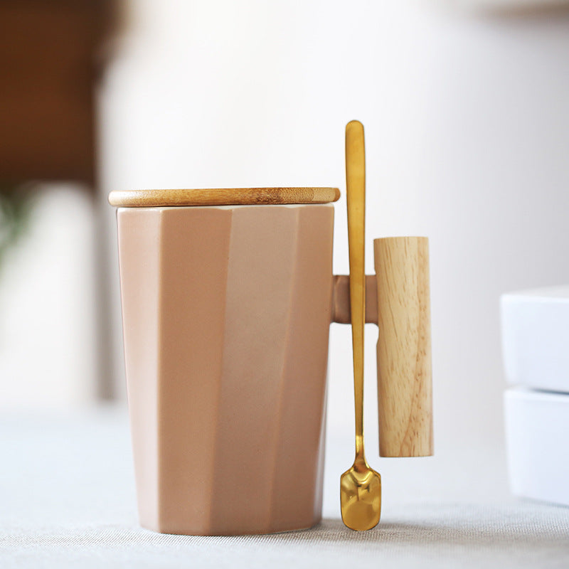 Simple Straight Ceramic Mug With Wooden Handle