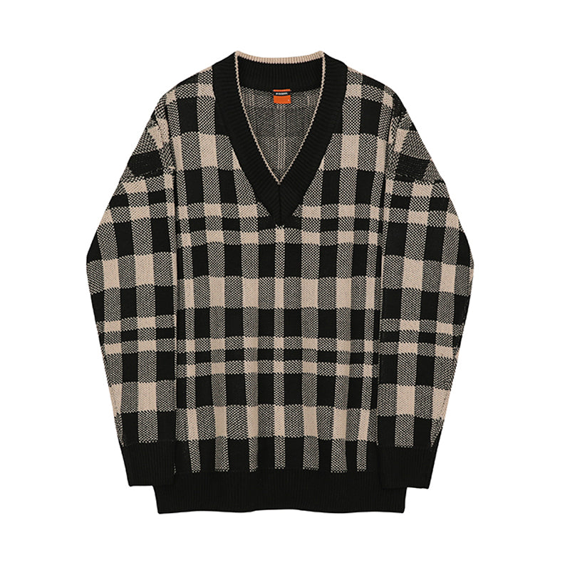 Trend Personality Men's V-neck Plaid Sweater