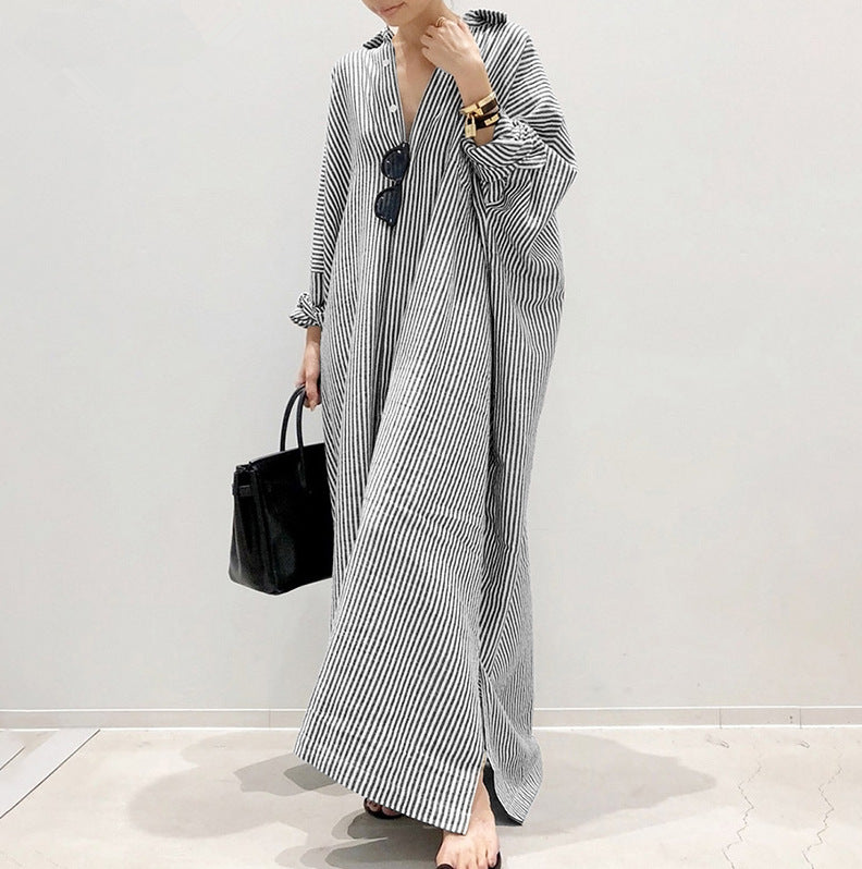 New Cotton And Linen Striped Cardigan Loose Large Temperament Commuter Irregular Dress