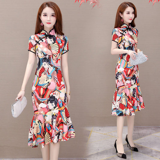 Large Size Dress Slim-fit Improvement Cheongsam In Long Short Sleeve Female