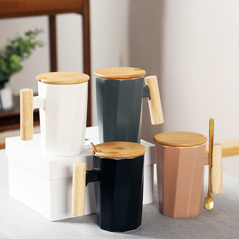 Simple Straight Ceramic Mug With Wooden Handle