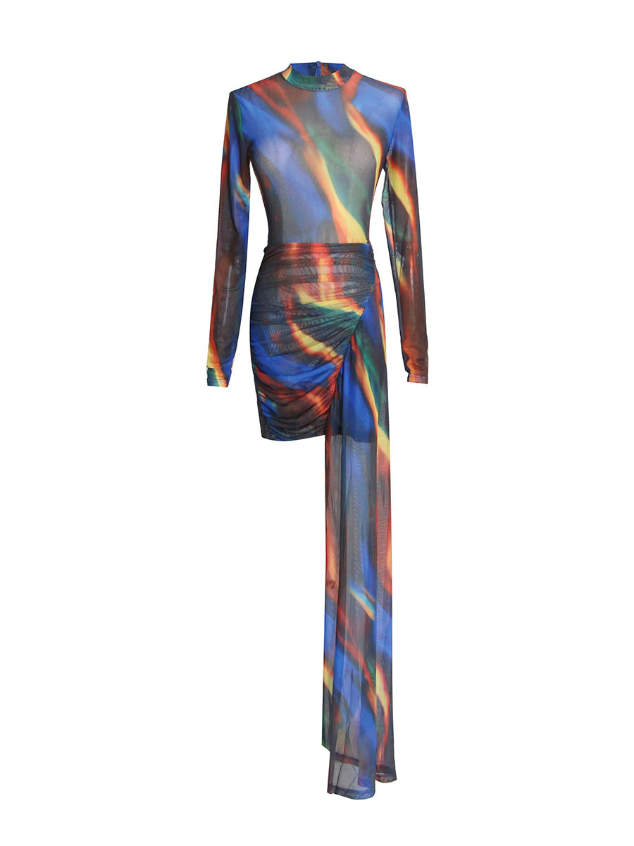 Standing Neck Long Sleeve Slim Short Irregular Floor Mopping Women's Tie-dye Dress