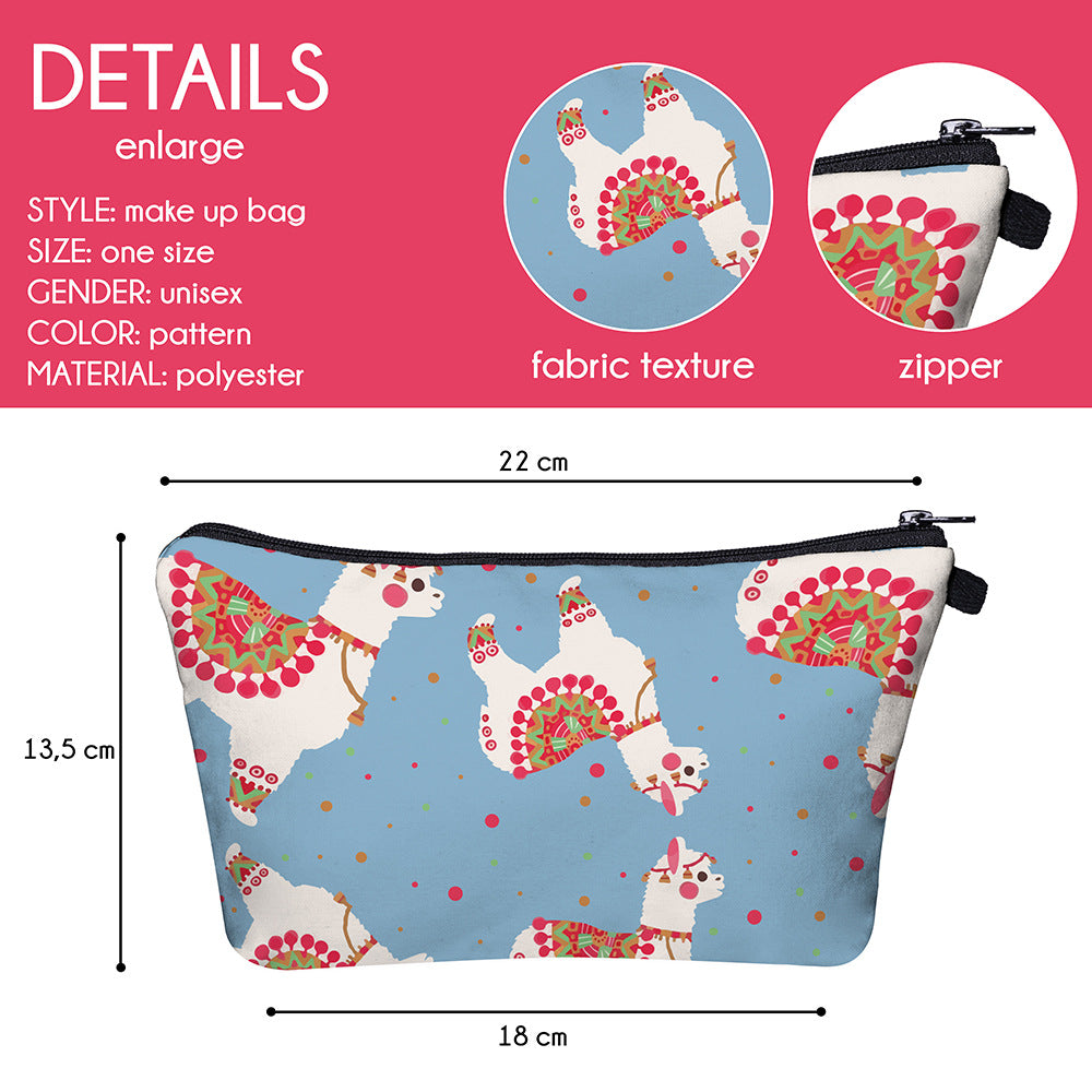 Portable Travel Cosmetic Bag 3d Digital Printing Cartoon Alpaca Storage Washing Bag