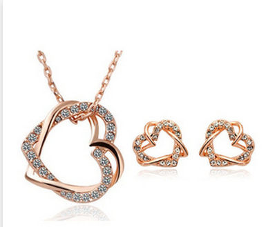 Fashion Jewelry Factory Jewelry Customized Double Diamond Heart Necklace Earring Set