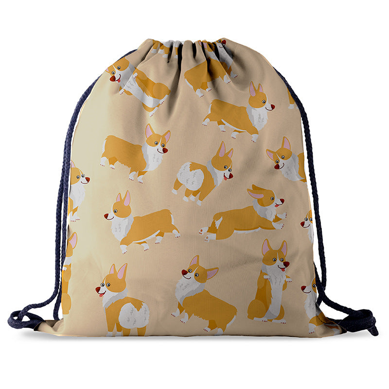 Outdoor Wear-resistant Oxford Cloth Digital Printing Cartoon Backpack Female Corgi Drawstring Pocket