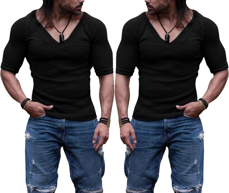 Men's Summer Slim V-neck Solid Color Thin Short Sleeve