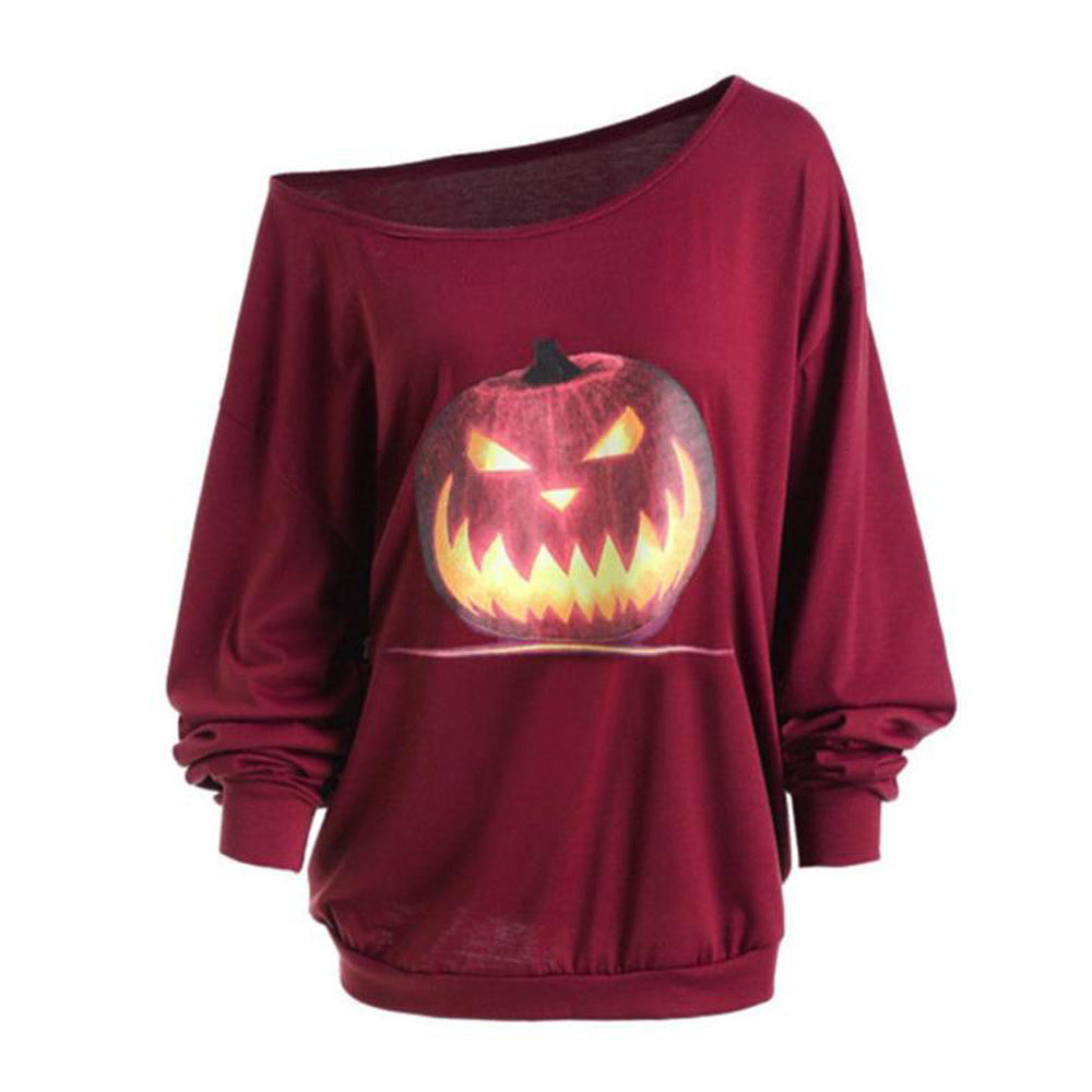 Cross Shoulder Halloween Angry Pumpkin Print Top