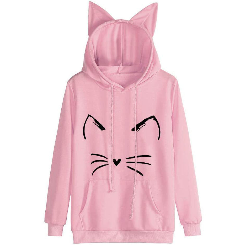 Cat Printing Ear Hooded Women's Sweater