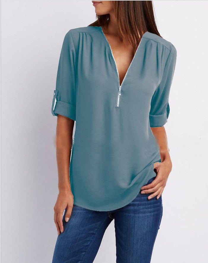 Large Size Long Sleeve Loose V-neck Shirt