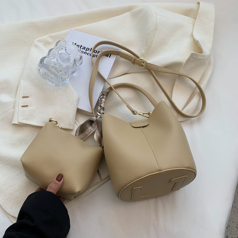 2 Piece Women's Small PU Leather Bucket Shoulder Crossbody Bags 2022 Fashion Summer Brand Designer Trend Cute Ribbon Handbags