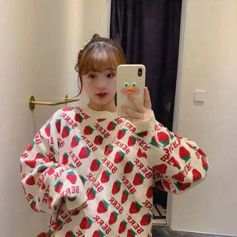 Sweet Strawberry Winter Women's Ins Harajuku Letter Long Sleeve tops Knit Sweater New Fashion Loose ins Casual Women Sweater