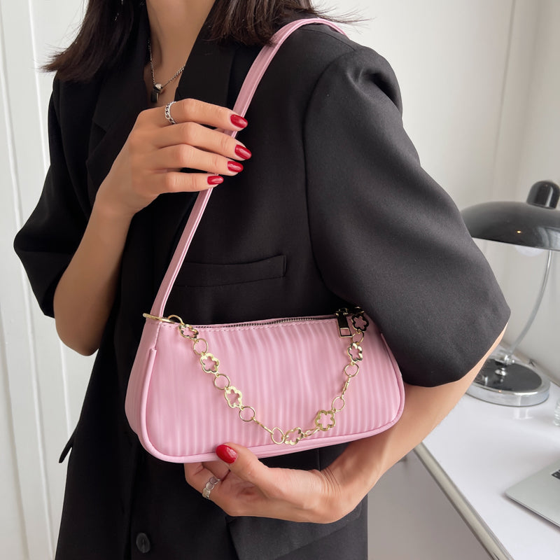 Cute Stripe Solid Color Small PU Leather Shoulder Bags For Women 2022 Hit Summer Simple Chain Handbags And Purses Female Totes