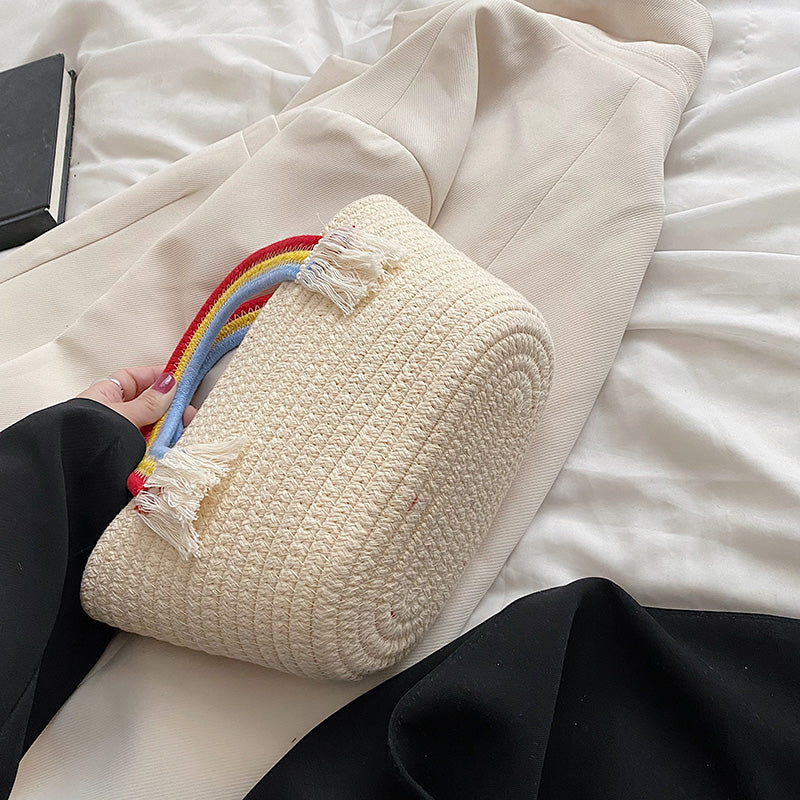 Cute Rainbow Handbag Small Bag Women's New Handmade Cotton Thread Women's Bag Straw Small Fresh Seaside Holiday Beach Bag