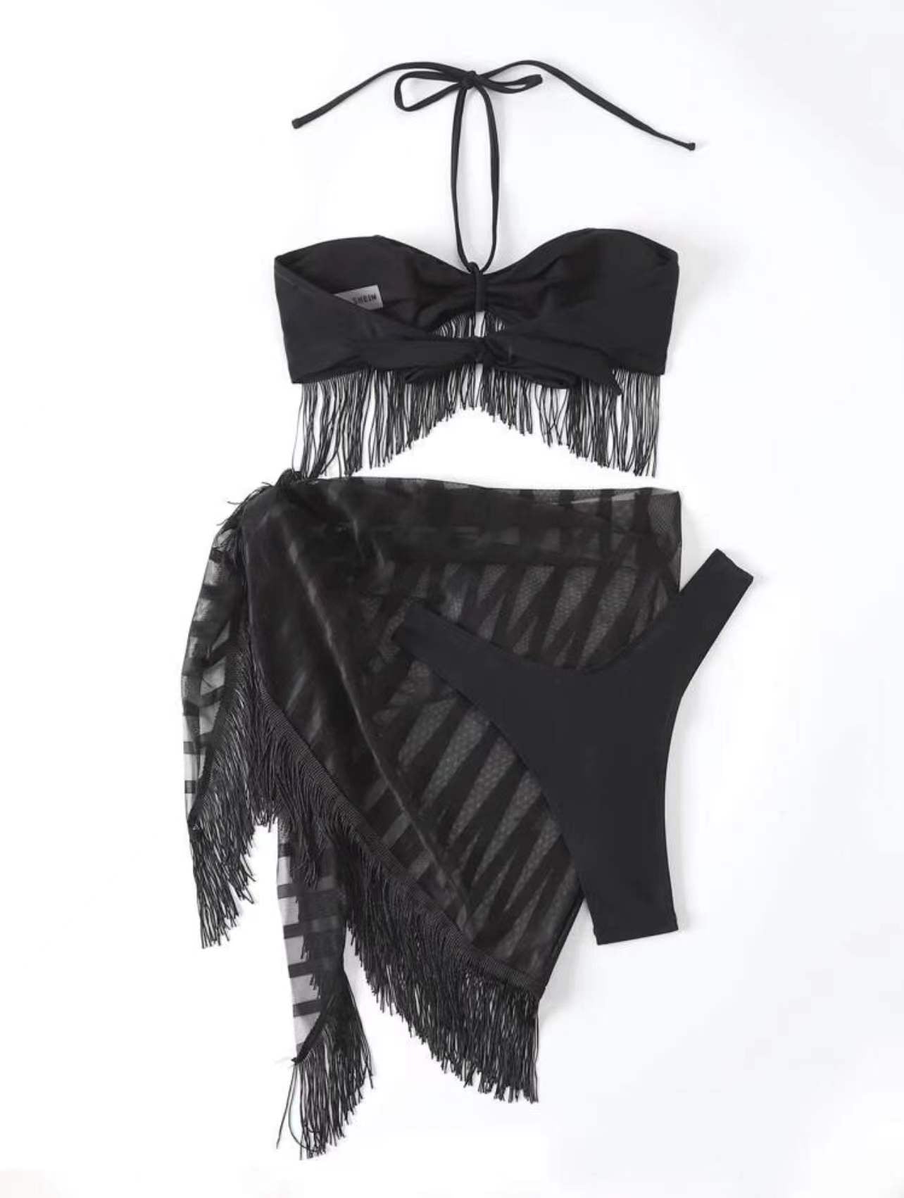 Tassel Tube Top Suspender Mesh Three-piece Set