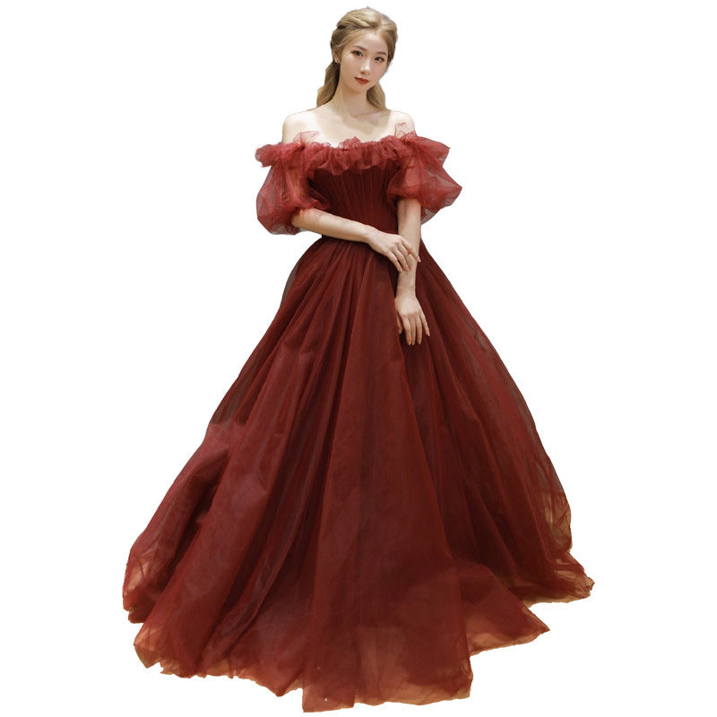 Red Tulle Off Shoulder Full Length Princess Ball Gown