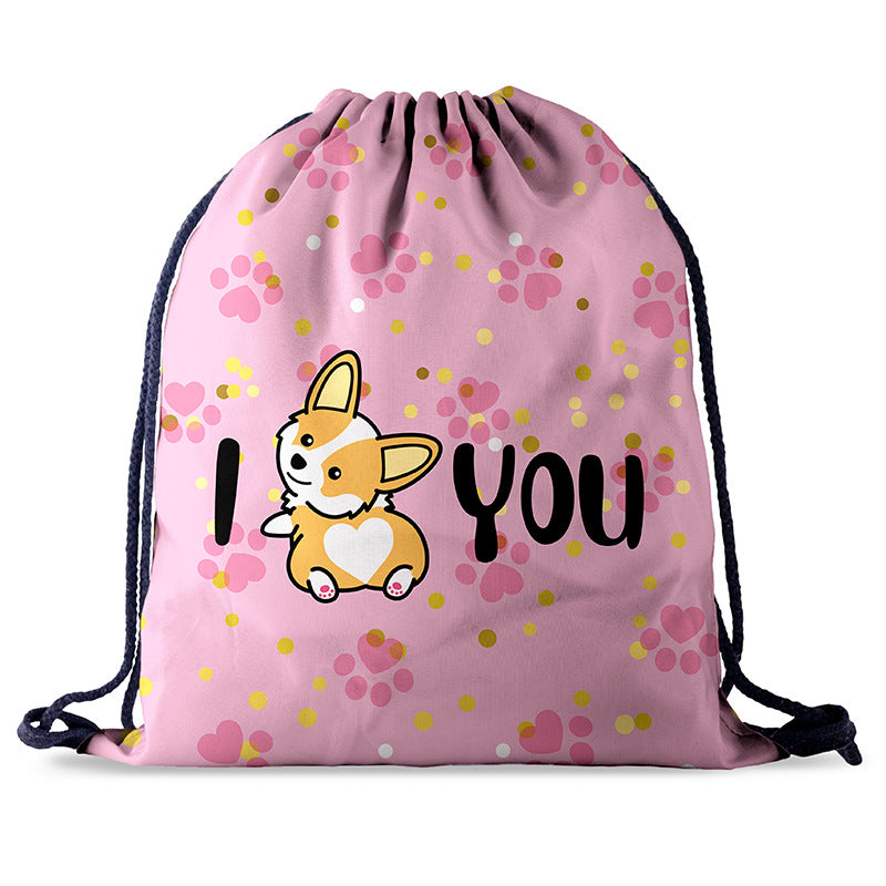 Outdoor Wear-resistant Oxford Cloth Digital Printing Cartoon Backpack Female Corgi Drawstring Pocket