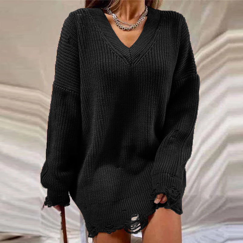 Loose Solid Color Ripped Sweater Mid-length