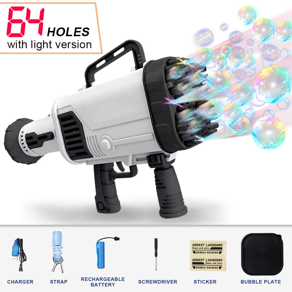 Automatic Electric Bubble Gun for Kids, with 64 Holes, Rocket Launcher, Outdoor Toys, Gift for Boys and Girls