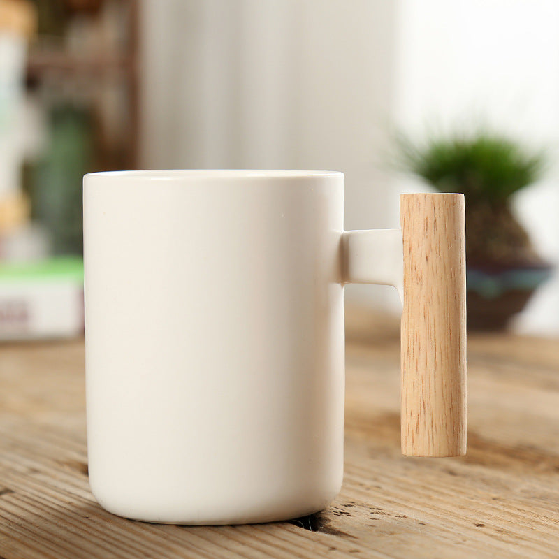 Simple Straight Ceramic Mug With Wooden Handle