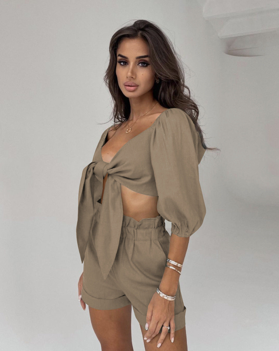 Two Piece Balloon Sleeve Cardigan Casual Shorts