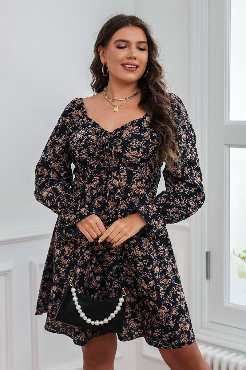 Floral Pleated Lace-up Long-sleeved Dress