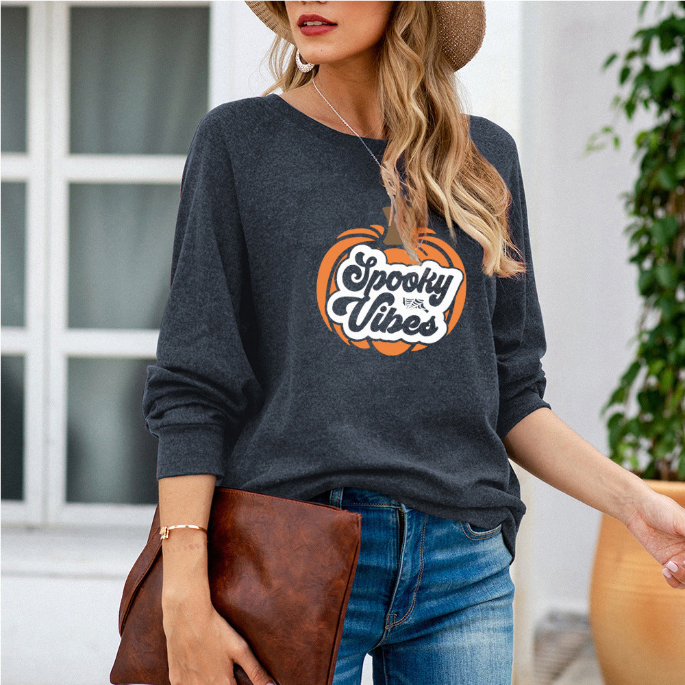 Halloween Pumpkin Print Long-sleeved T-shirt Women