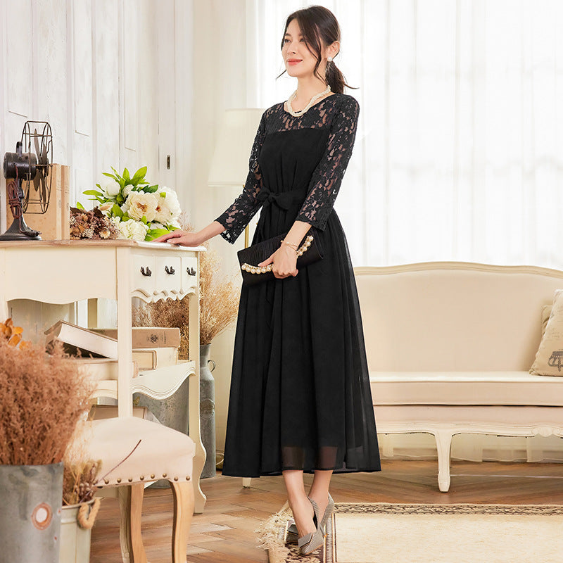 Lace Patchwork Mid-sleeve Crewneck Chiffon Long Dress