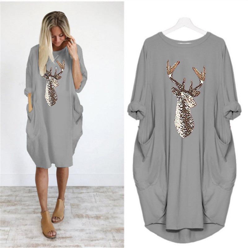 Christmas Pattern Printed Round Neck Autumn And Winter New Style Dress