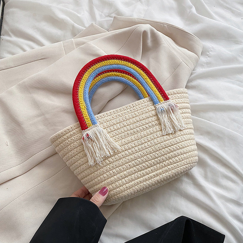 Cute Rainbow Handbag Small Bag Women's New Handmade Cotton Thread Women's Bag Straw Small Fresh Seaside Holiday Beach Bag