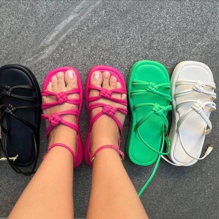 Weave Sandals Candy Color Round Toe Strappy Beach Shoes