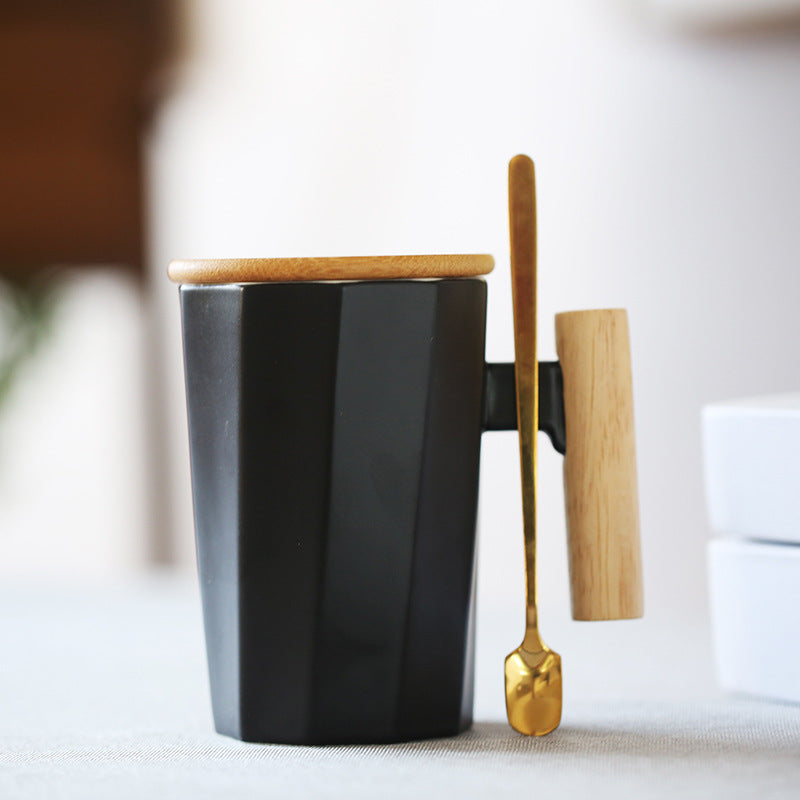 Simple Straight Ceramic Mug With Wooden Handle