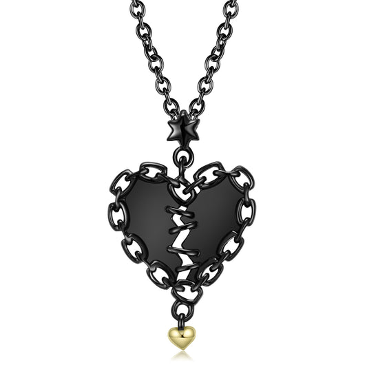 Sewn Heart Necklace Hollow Zirconium Inlaid Black Gold Niche Design S925 Sterling Silver Pendant