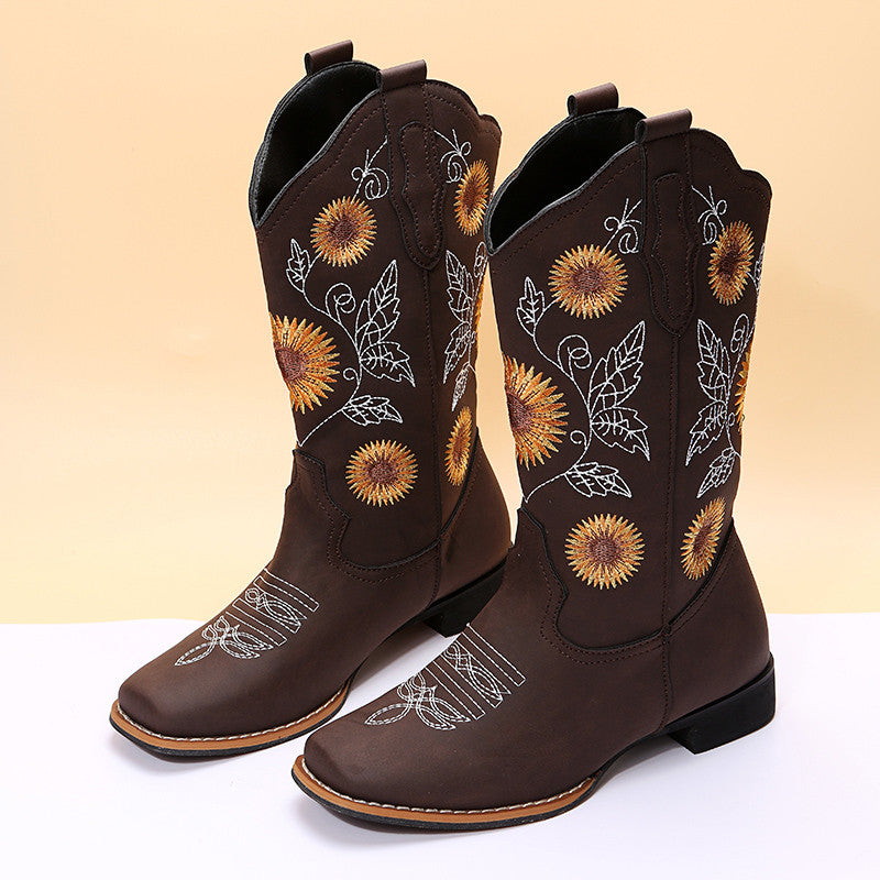 Cowboy Boots Women Sunflower Embroidery Shoes Low Heel Western Boot