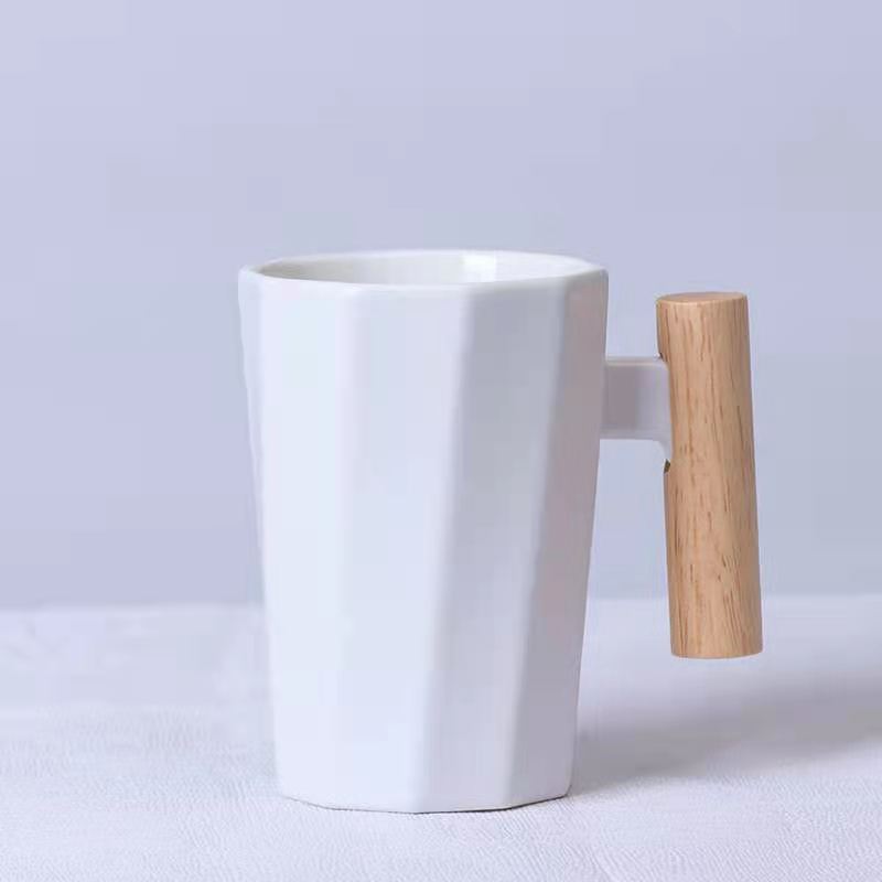 Simple Straight Ceramic Mug With Wooden Handle