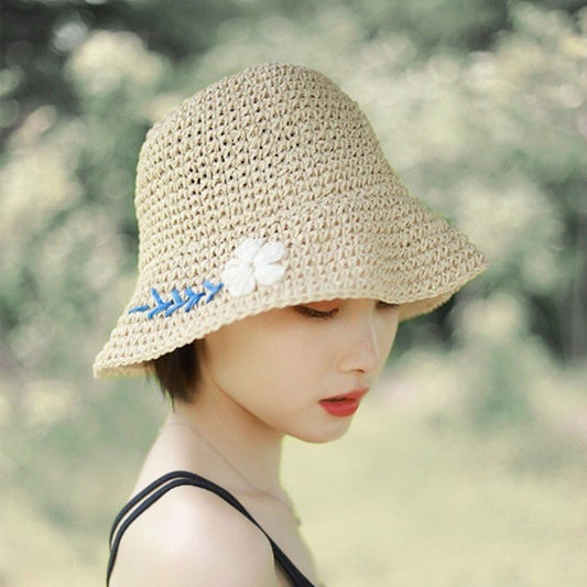 Small Daisy Embroidered Straw Women's Summer Foldable Bucket Hat