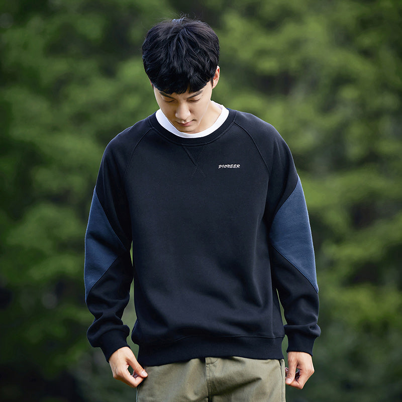 Round Neck Sweater Men's Cotton Stitching Contrast Color Pullover