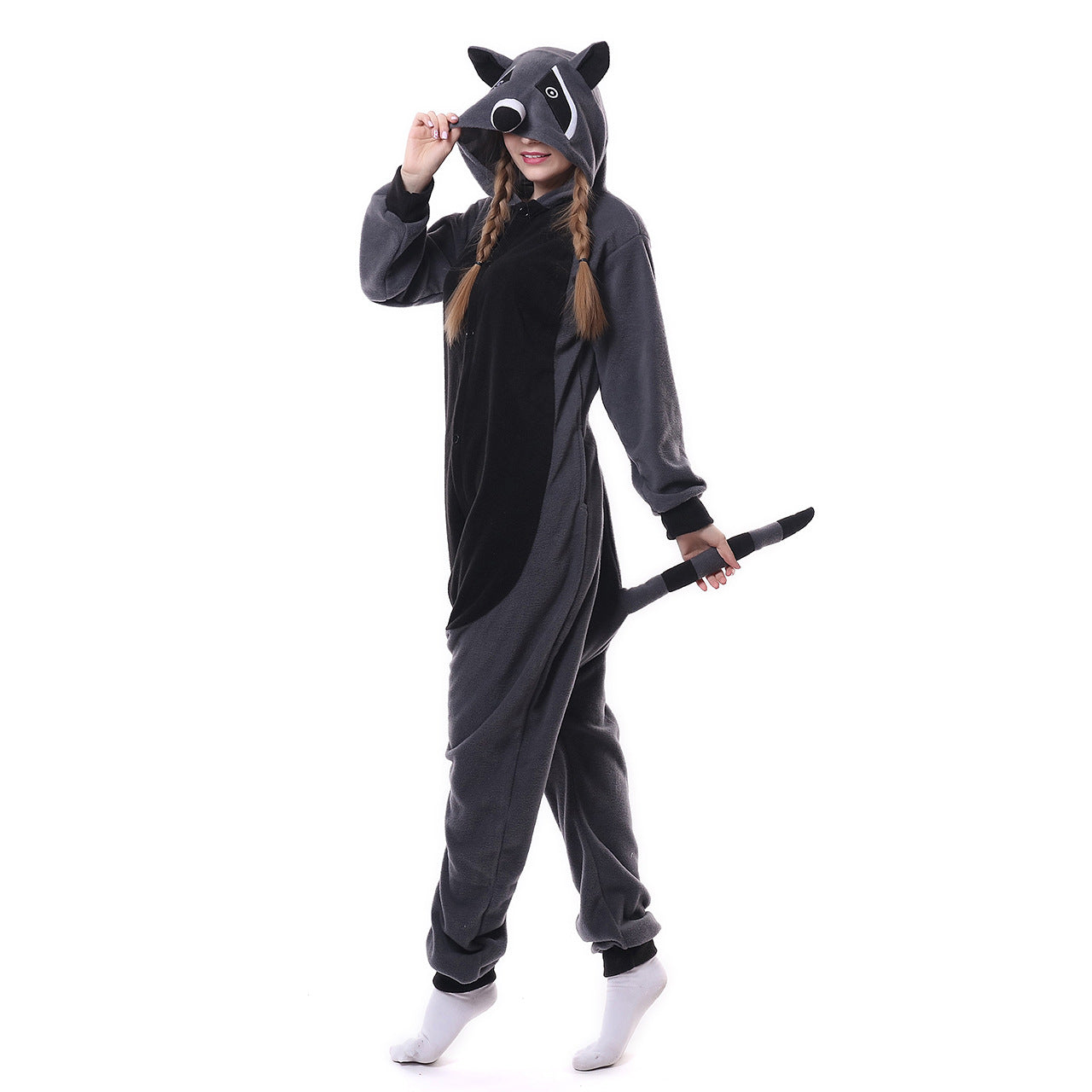 Grey Raccoon One Piece Pajamas Autumn And Winter Home Wear