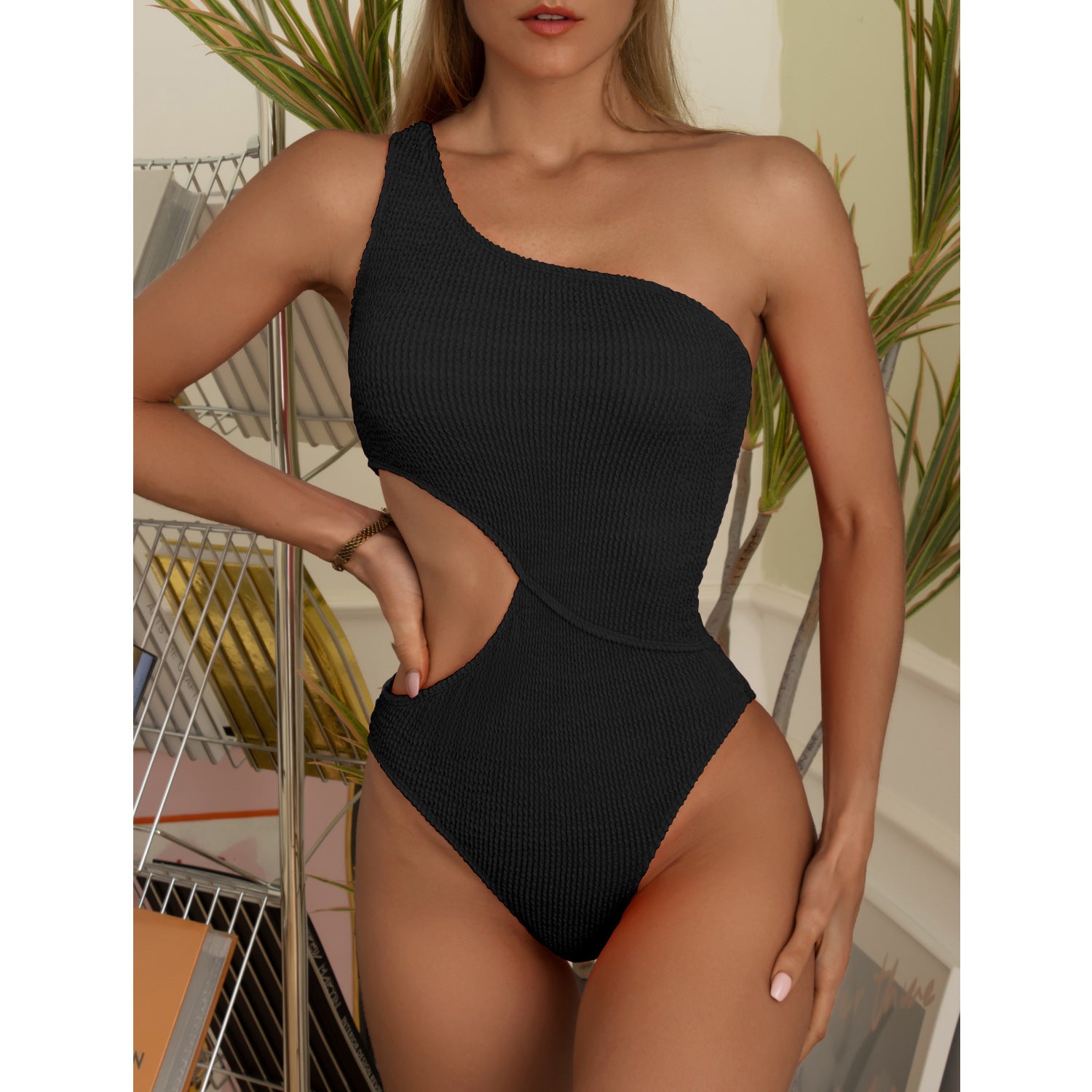 Swimsuit Womens One Piece Bikini Solid Color One Shoulder Swimsuit