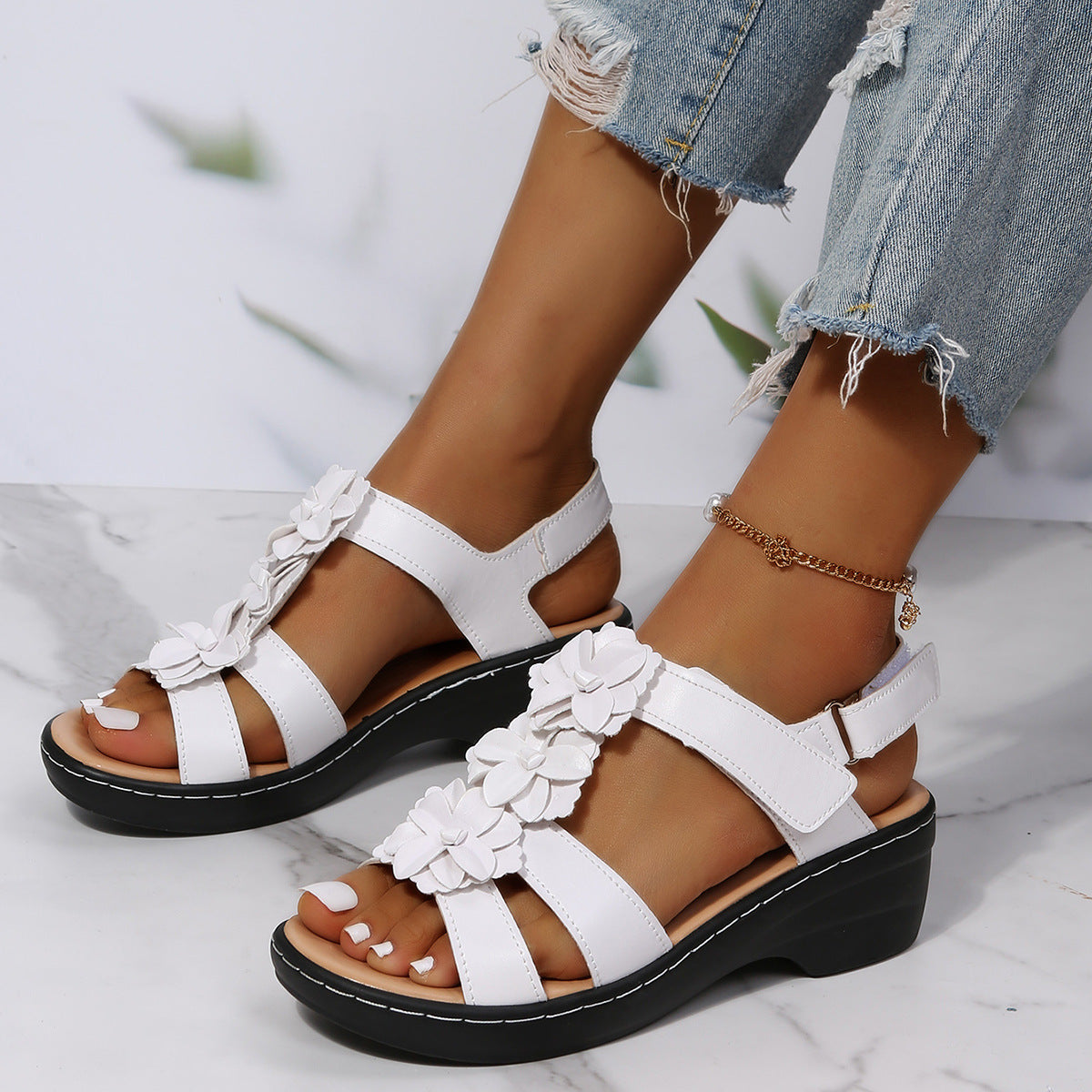 Flowers Sandals Summer Velcro Wedges Shoes For Women