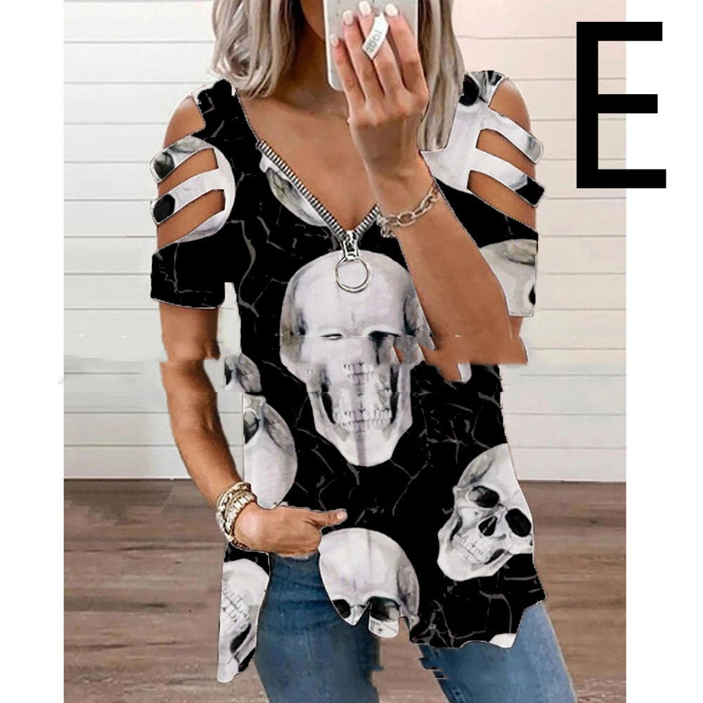 Halloween Theme Digital Printing Hollow V-neck Long-sleeved T-shirt