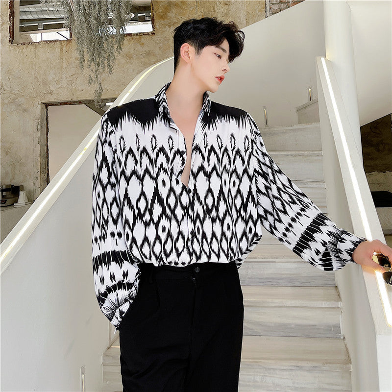 Black And White Contrast Geometric Pattern Casual Shirt