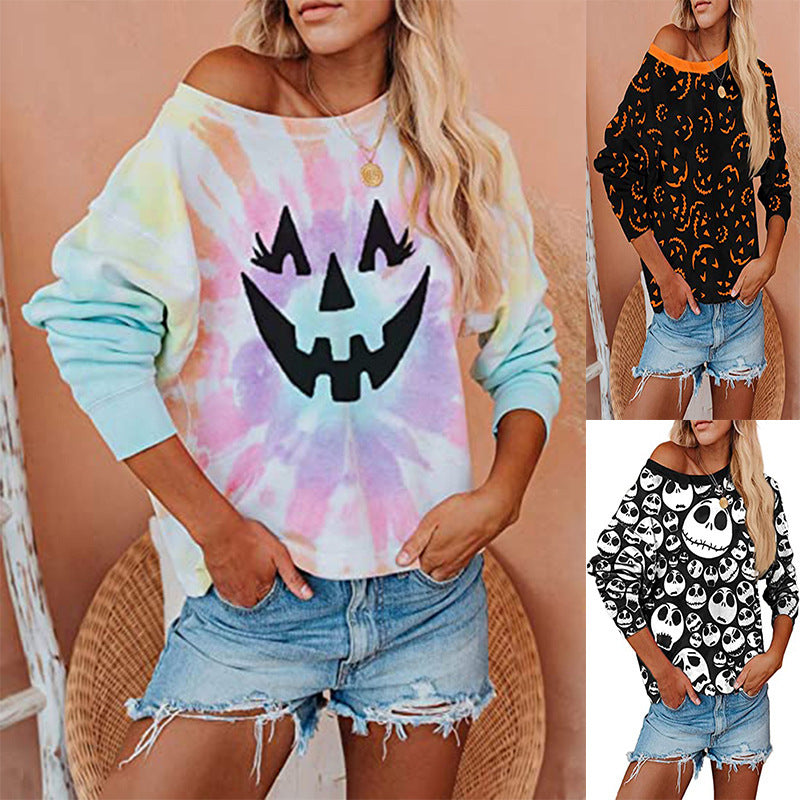 T-shirt Halloween Explosive Smiley Pumpkin Skull Print Loose Long-sleeved Sweater Women