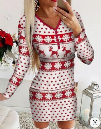 Christmas Elements Digital Positioning Printed Long Sleeve Slim Dress