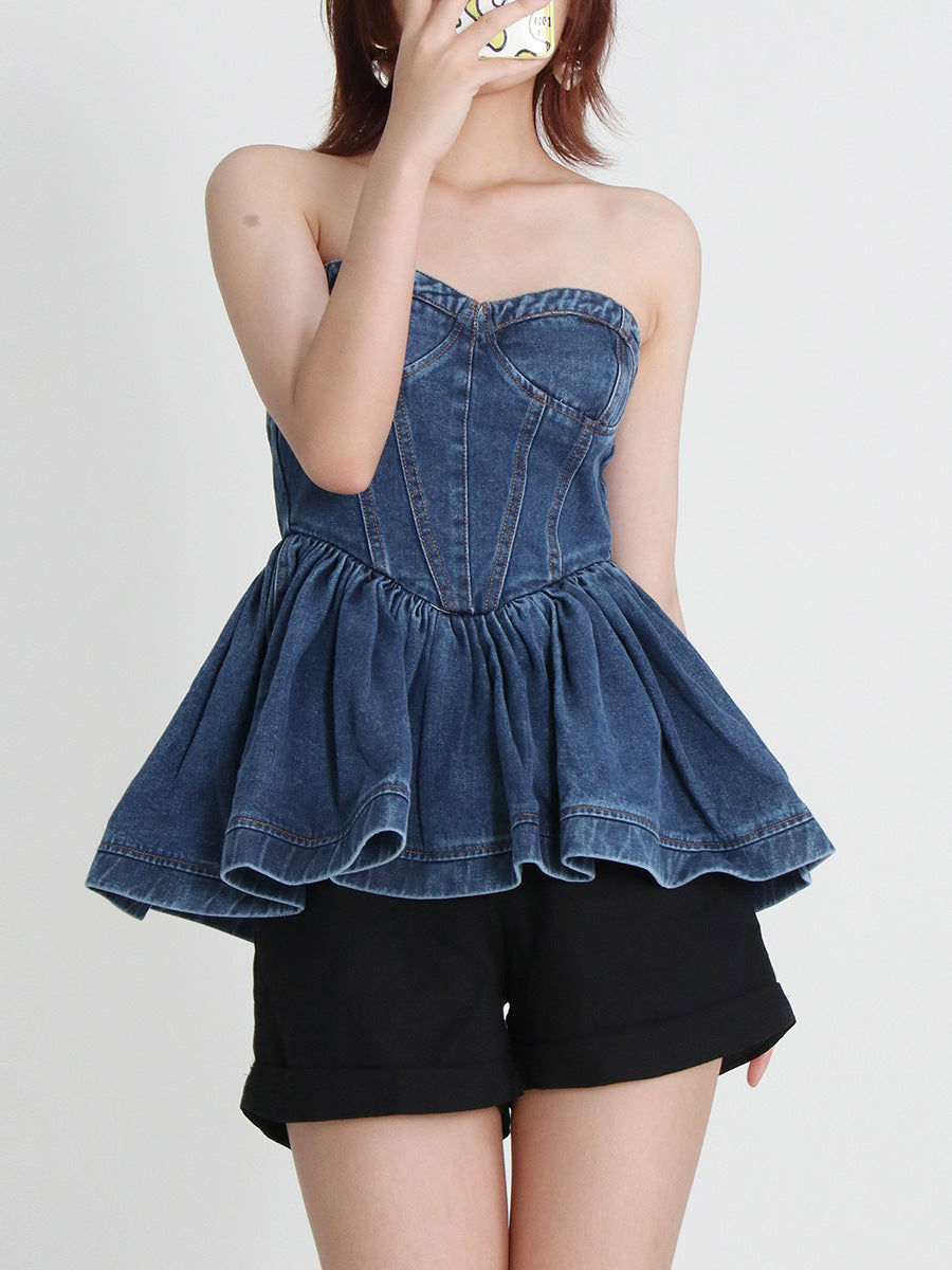 New Design Temperament Denim Bra Wash Ruffle Top Female