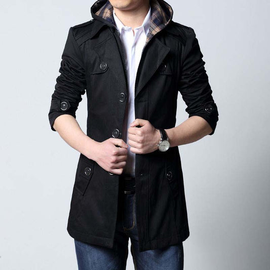 Men's Casual Mid-length Hooded Trench Coat